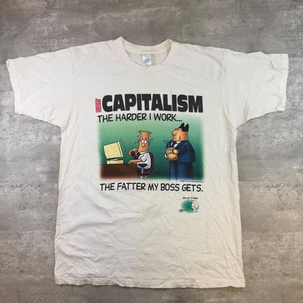 Vintage 90s Dilbert Capitalism Graphic T-Shirt XL Logotel Made in USA White